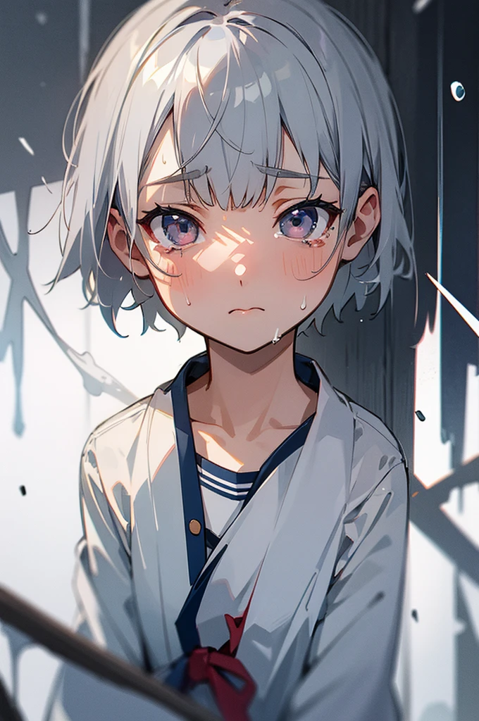 Gray Hair、 face、short hair、Sailor suit、Lower body naked、x word restraint、tears、 scattered all over the body、Pussy、Despairing face