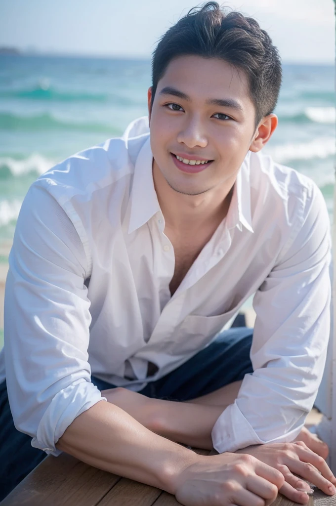 ((Highest quality, 8K, Masterpiece: 1.3))、Thailand Laos Burma Asia, Thai man, A handsome Asian rugby player with short hair, a muscular beard, and big muscles., 1A man who has、 yo、Good appearance、Beautiful nose、smile、 Detailed eyes and face、beautiful light、(studio)、high resolution、(Look at the viewer.)、Fine mouth、smile、whole body: 1.5, perfect shape: 1.3, looking at camera ,Gray button-down shirt , seaside beach sunshine looking at the sea