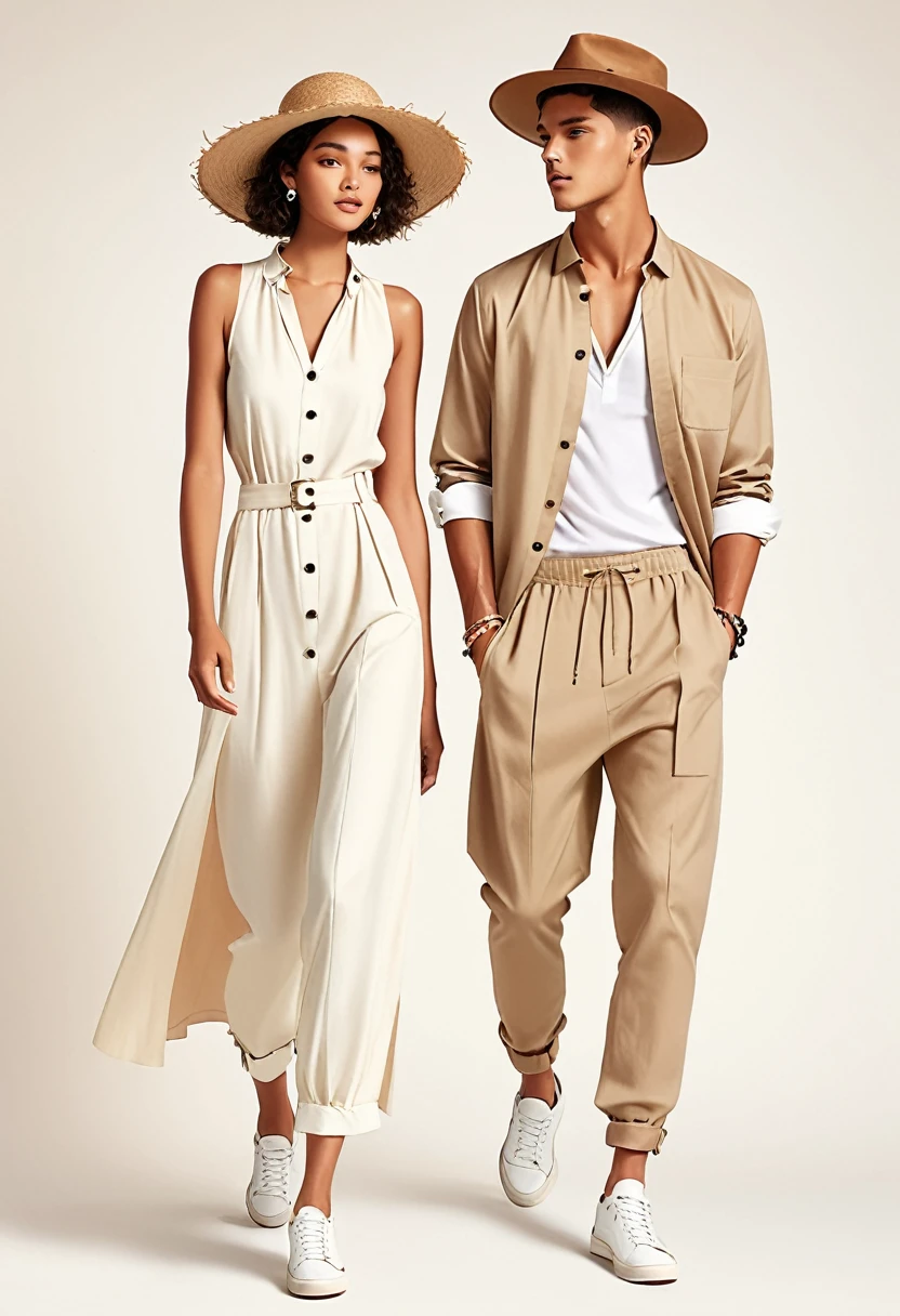 candid fashion illustration of young Mixed race man and woman, both aged 22 year old, ((showcase fashion look book in a off-White outfits)), inspired by Zara Summer collection in elegant young bohemian style. The man wears Relaxed-fit shirt in a linen and cotton blend with front button fastening. Long sleeves with buttoned cuffs, paired with Joggers in cotton twill with covered elastication and a drawstring at the waist. Side pockets, and a back pocket and leg pockets with a flap and press-studs. Covered elastication and a hook and loop tab at the hems. He completes his look with white sneakers, round sunglasses and bracelet. The woman complements him in a white Ankle-length dress, Calf-length, sleeveless dress in woven fabric featuring a round, frill-trimmed neckline and a keyhole opening with minimal detail, Her ensemble includes an accessorizes with a wide-brimmed straw hat, white sneakers, Captured in a dynamic angle, ((full-body image)), ((pastel color background)), sketching, realistic pencil lines, imperfect drawing, fading sketch, fashion look book, fashion illustrator,--sameseed.