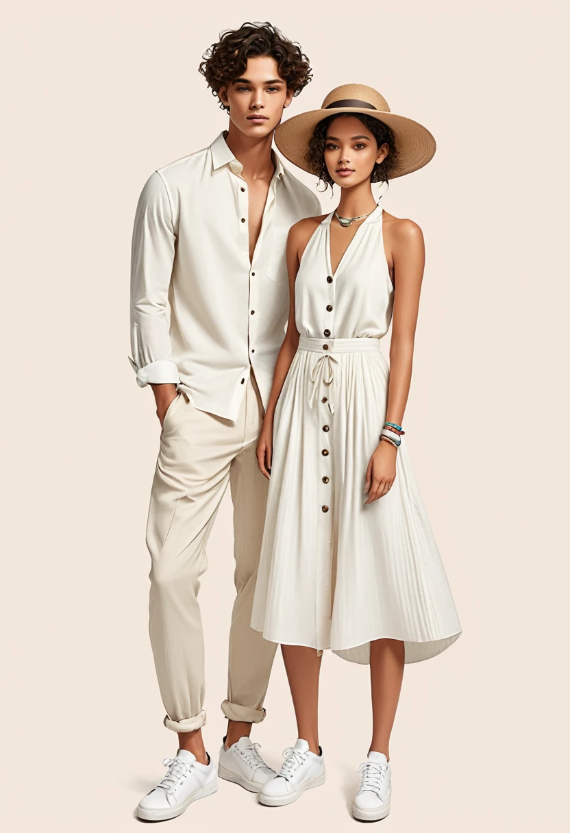 candid fashion illustration of young Mixed race man and woman, both aged 22 year old, ((showcase fashion look book in a off-White outfits)), inspired by Zara Summer collection in elegant young bohemian style. The man wears  Relaxed-fit shirt in a linen and cotton blend with front button fastening. Long sleeves with buttoned cuffs, paired with Joggers in cotton twill with covered elastication and a drawstring at the waist. Side pockets, and a back pocket and leg pockets with a flap and press-studs. Covered elastication and a hook and loop tab at the hems. He completes his look with white sneakers, round sunglasses and bracelet. The woman complements him in a white Ankle-length dress, Calf-length, sleeveless dress in woven fabric featuring a round, frill-trimmed neckline and a keyhole opening with minimal detail, Her ensemble includes an accessorizes with a wide-brimmed straw hat, white sneakers, Captured in a dynamic angle, ((full-body image)), ((pastel color background)), sketching, realistic pencil lines, imperfect drawing, fading sketch, fashion look book, fashion illustrator,--sameseed.