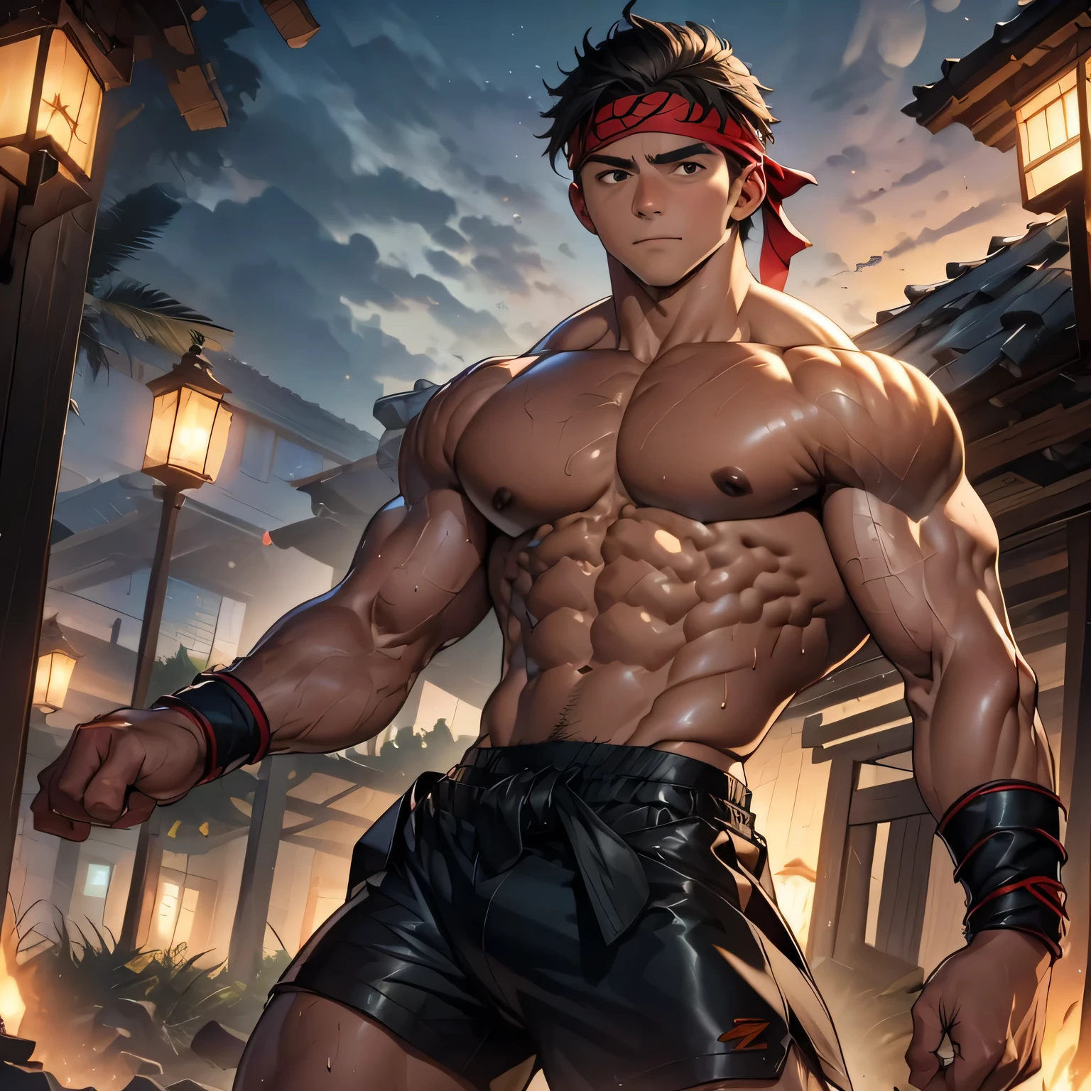 (Masterpiece, Best quality  boy, black background, cowboy shot), (((solo))), Young, boy, muscler, Shirtless, topless, (Dark Short straight hair, ((almost completely shaved hair)), under cut, brown eyes), (red headband, ((leather fingerless grobe, black wristband))), ((hot Abs:1.2, big breast:1.2, upper arms, ((jacked muscle, beautiful musculature, aesthetic striations, inspirational physique, lean muscle, great abs and torso, chiseled abs, chiseled pecs))), Vivid colors, detailed face, detailed muscle, (((rippling muscles, struggle, ready to fight, male focus, martial arts stance)))