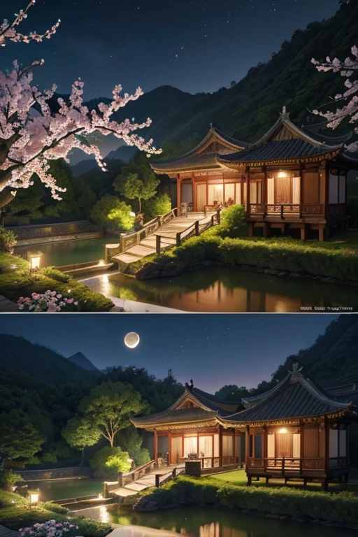 A beautiful detailed peach blossom garden in ancient China, lush peach trees in full bloom, intricate stone bridges, serene ponds with lotus flowers, exquisite traditional Chinese architecture, ancient scholars strolling through the garden, moon light, Moon,dark,at night,(best quality,4k,8k,highres,masterpiece:1.2),ultra-detailed,(realistic,photorealistic,photo-realistic:1.37),HDR,UHD,ultra-fine painting,sharp focus,physically-based rendering,extreme detail description,professional,bokeh,landscape,intricate details,