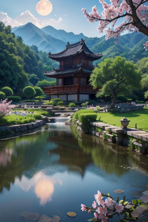 A beautiful detailed peach blossom garden in ancient China, lush peach trees in full bloom, intricate stone bridges, serene ponds with lotus flowers, exquisite traditional Chinese architecture, ancient scholars strolling through the garden, moon light, Moon,dark,at night,(best quality,4k,8k,highres,masterpiece:1.2),ultra-detailed,(realistic,photorealistic,photo-realistic:1.37),HDR,UHD,ultra-fine painting,sharp focus,physically-based rendering,extreme detail description,professional,bokeh,landscape,intricate details,