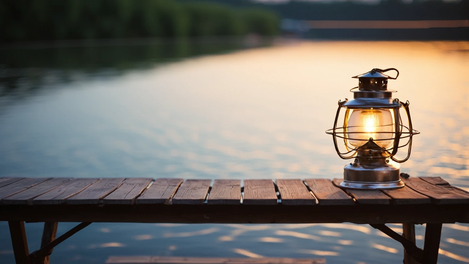 There is a lantern on the table by the lake, Sit on the wooden dock, A boat with lights, Sit on the wooden dock, Peaceful evening atmosphere, Small marina, bokeh on side of the river, Summer environment, Summer lake view, Relaxed atmosphere, warm light, Lantern light, Lighting from the side, Shot with Sony Alpha 1 camera, summer morning light