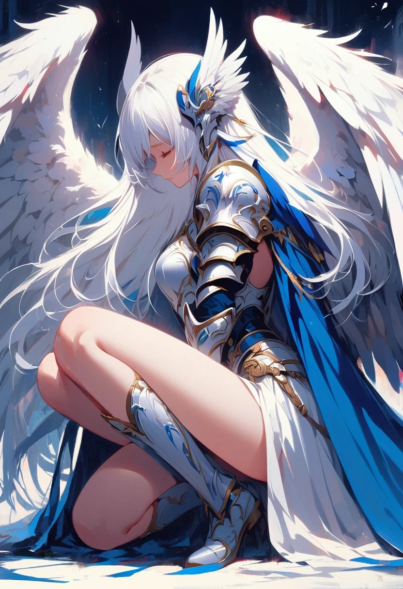 1girl angel angel_wings armor feathers_Long wing feathers_Hair Shoulder Armor Shoulder_Armor single piece_Upper wing separation_The body is white_Theme blue_Wings Wings