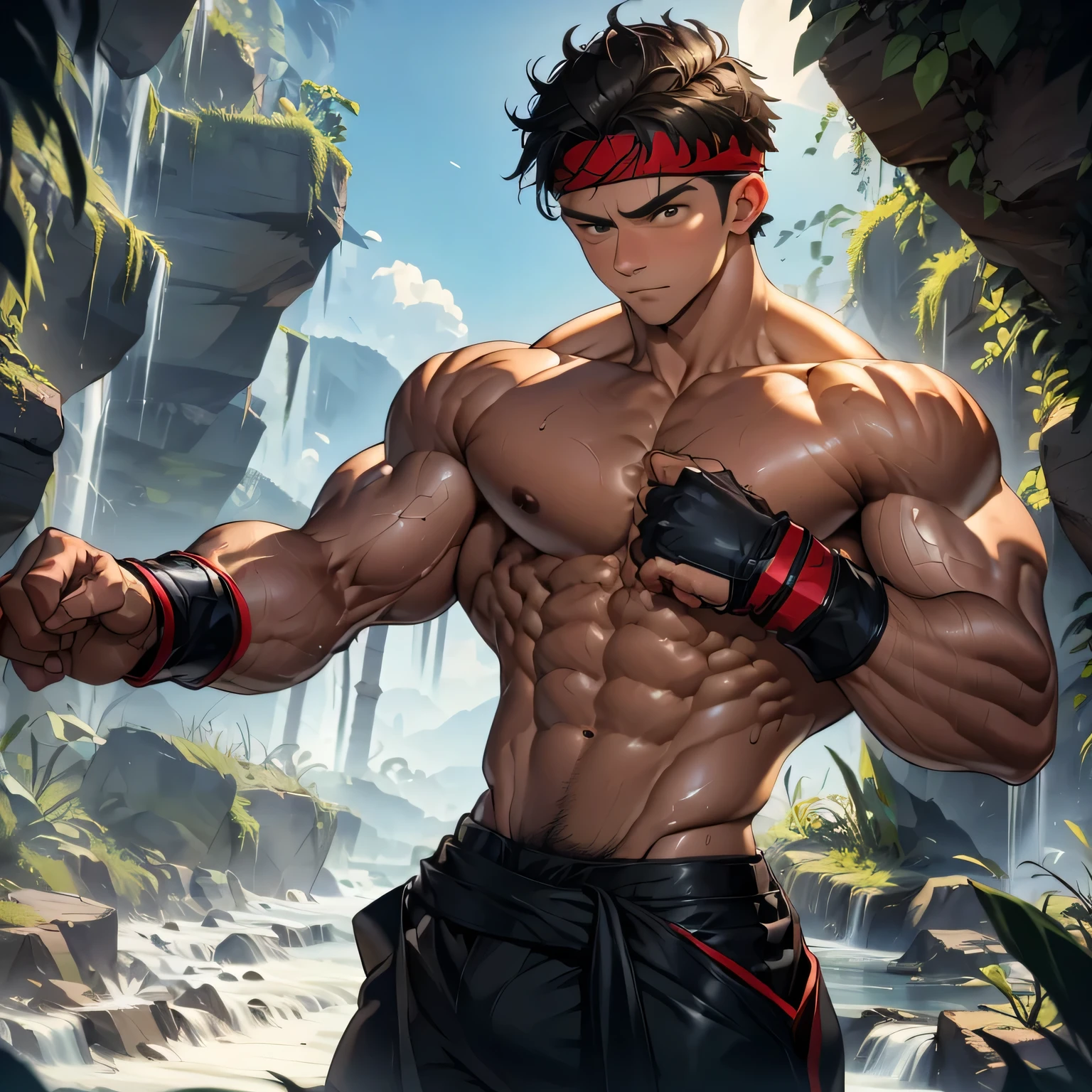 (Masterpiece, Best quality boy, black background, cowboy shot), (((solo))), Young, boy, muscler, Shirtless, topless, (Dark Short straight hair, ((almost completely shaved hair)), under cut, brown eyes), (red headband, ((leather fingerless grobe, black wristband))), ((hot Abs:1.2, big breast:1.2, upper arms, ((jacked muscle, beautiful musculature, aesthetic striations, inspirational physique, lean muscle, great abs and torso, chiseled abs, chiseled pecs))), Vivid colors, detailed face, detailed muscle, (((rippling muscles, struggle, ready to fight, male focus, martial arts stance)))