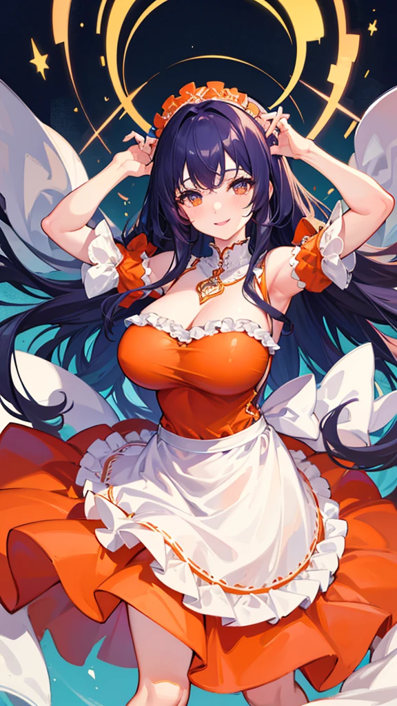 {{{masterpiece,best quality,official art,extremely detailed CG unity 8k wallpaper}}}, day, huge_filesize, hair over shoulder, black hair, crossed bangs, bangs, hair bow, hair ornament, light smile, cute face, aqua eyes, sparkling eyes, eyeshadow, large breasts, cleavage dress, thighhighs, black garter straps, uwabaki, fingersmile, sun,{{{girl}}},