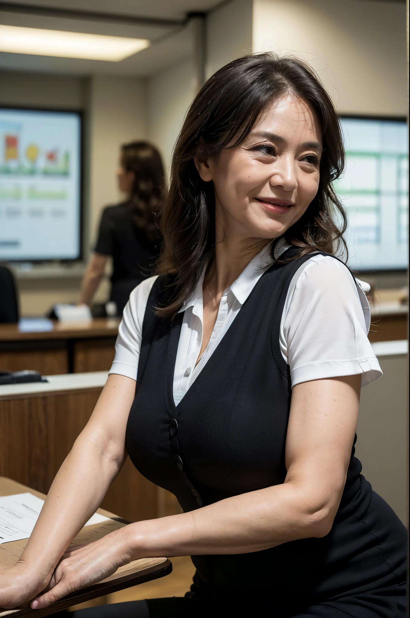 (masterpiece:1.4),(Female, 67 years old:1.5),(Facial wrinkles : 1.2), (facing away : 1.3), cheerful smile, long curly hair, maternal, Mature Woman, upper body shoot, sitting, office worker, (smooth fabric), (polyester black vest with button), black pencil skirt, white short sleeve shirt, (plump arms : 1.2), (focus on arms), working at ticket window, detailed backgrounds