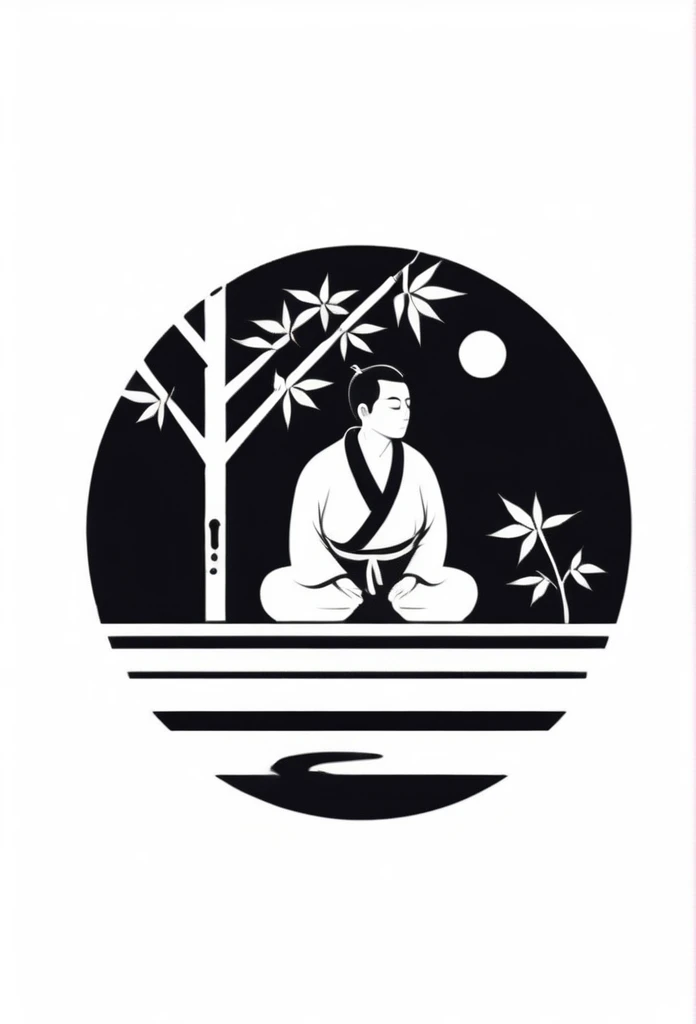 The stylish logo of a private sauna for one person in Japan,
The logo features a silhouette of a small gentlemanly man sitting quietly in a sauna and sweating
"""Ryokan's Garden"" motif logo"
bamboo grove
Pretty cool
chic and modern design
White background