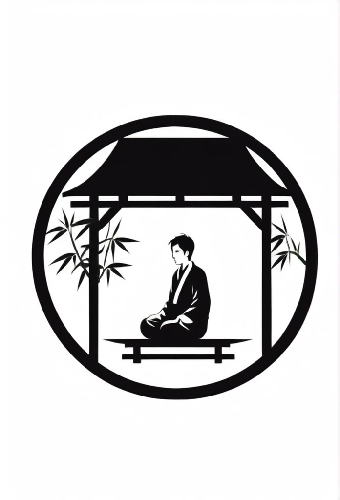 The stylish logo of a private sauna for one person in Japan,
The logo features a silhouette of a small gentlemanly man sitting quietly in a sauna and sweating
"""Ryokan's Garden"" motif logo"
bamboo grove
Pretty cool
chic and modern design
White background