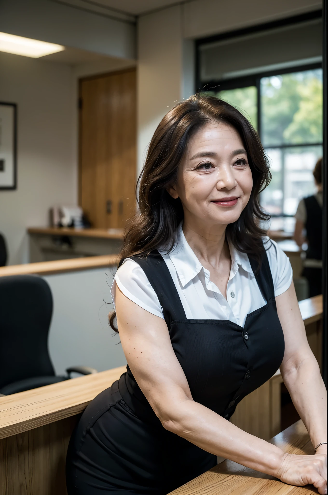 (masterpiece:1.4),(Female, 67 years old:1.5),(Facial wrinkles : 1.2), (facing away : 1.3), cheerful smile, long curly hair, maternal, Mature Woman, upper body shoot, sitting, office worker, (smooth fabric), (polyester black vest with button), black pencil skirt, white short sleeve shirt, (plump arms : 1.2), (focus on arms), working at ticket window, detailed backgrounds