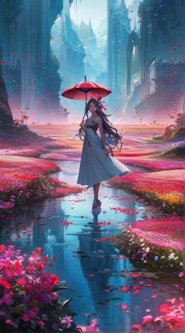 there is a woman walking through a field of flowers with a red umbrella, lost in a dreamy fairy landscape, dreamlike digital painting, beautiful art uhd 4 k, 8k stunning artwork, beautiful digital artwork, jessica rossier fantasy art, inspired by Cyril Rolando, emotional concept art, cinematic beeple, realism | beeple, fantasy digital painting