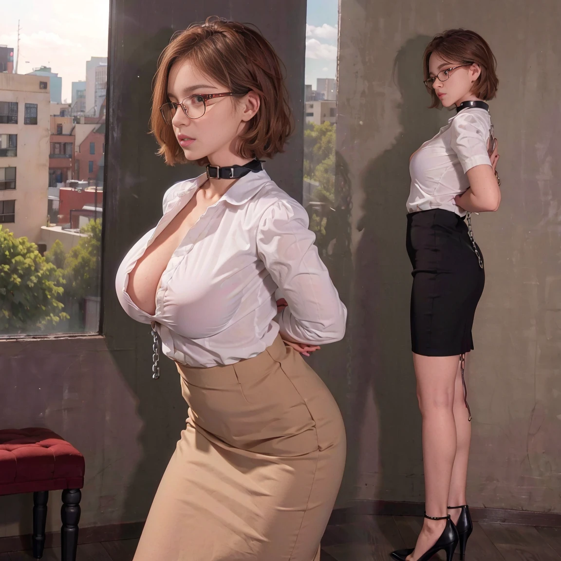 photorealistic,and sharp focus,Highly detailed, masterpiece, ultra-detailed, illustration, best quality,Full body,((2 girls)),(Stand side by side),((1 girl Body facing forward)),((other girl Body back facing forward))，bangs,  glasses, bob cut，BDSM,blush,black collar,arms behind back,bondage,neck lock in a  black collar,hands behind her back in an anti-prayer posture,wrist attached to her collar with a piece of chain , Large window, City view outside window, white shirt, The neckline of the shirt was wide open,Show one's cleavage，Breast compression,jewelry, ((huge breasts)),Black long pencil skirt,  black stiletto heels 