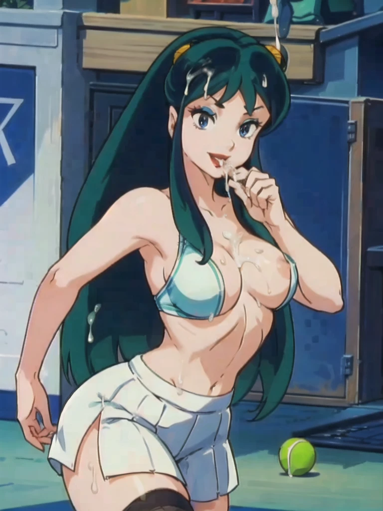 NSFW, masterpiece, (best quality: 1.2), long hair, blue eyes, green hair, big breasts, evil_smile, sexy, ((red lipstick, fishnet stocking, White clothes)),, ((tennis player)), ((cum shot: 1.5)), 