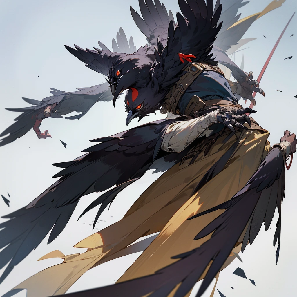 prospect(Anthropomorphic crow、Wearing ancient adventurer gear、The arms and hands are integrated with the bird's wings, and there are no bird wings on the back. Only the arms and hands have bird wings.、The feet are claws)、With background (Dense forest)