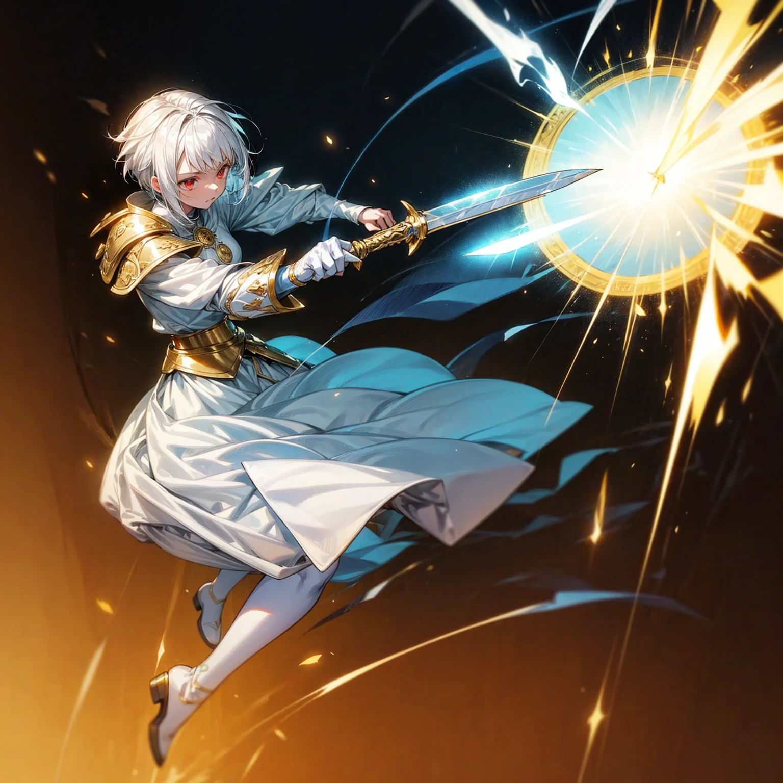 1girl, Full body version, 1character, light red eyes color, white skin, short hairstyle, white colour hair, templar knight style clothing, Long skirt, long socks, long boots, robes, (gold knife in hand), gold Shield in hand, full background, Grassroots background in village, motion blur, shadow, battle gesture, smoke effect, blue lighting effect, lighting blue knife, girl aura, plasma effect, Lightning, lightning flashes on the knife, blue lightning, full gold armor, armor, big hologram, (one piece style art)
