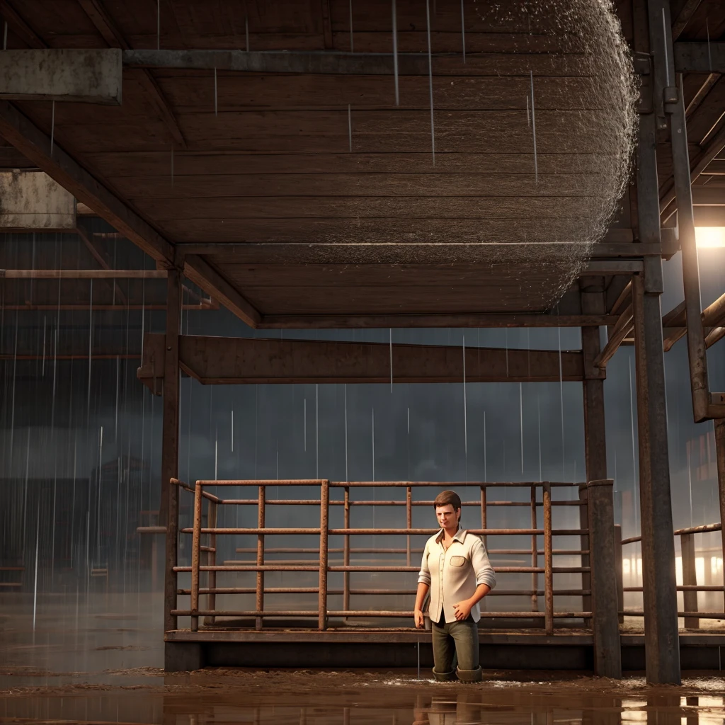 Heavy rain on farmer.