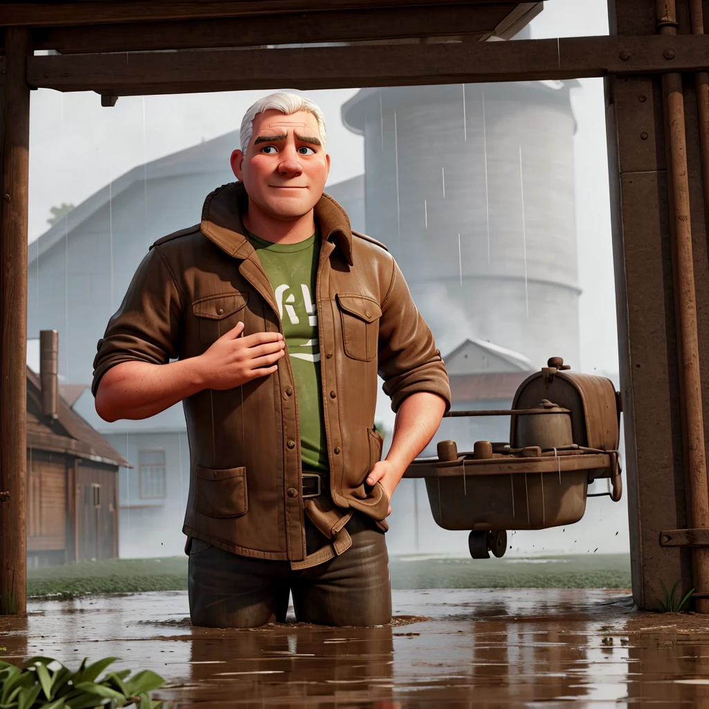 Heavy rain on farmer.