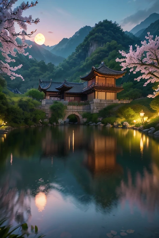 A beautiful detailed peach blossom garden in ancient China, lush peach trees in full bloom, intricate stone bridges, serene ponds with lotus flowers, exquisite traditional Chinese architecture, ancient scholars strolling through the garden, moon light, Moon,dark,at night,(best quality,4k,8k,highres,masterpiece:1.2),ultra-detailed,(realistic,photorealistic,photo-realistic:1.37),HDR,UHD,ultra-fine painting,sharp focus,physically-based rendering,extreme detail description,professional,bokeh,landscape,intricate details,