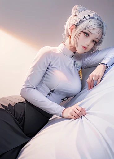 photorealistic, high resolution, masterpiec e best quality ultra-detailed, 1women. (m edium breast), hair bun, jesmine flower o n the head, mature female, solo, hips up, (wearing acmmsayarma outfit, acmmsaya rma white top with buttons, long sleeves), ((acmmsayarma black long skirt) 281/2000