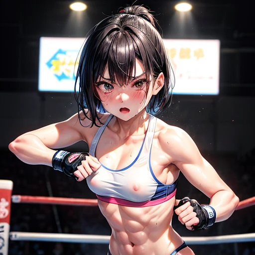 Injured Japanese female high school mixed martial artist during a match in the ring。Short black hair。Glaring at someone。Punching。A fighting expression。Drenched in sweat。A well-trained body。Six Pack Abs。Small breasts。Erect nipples。White and pink sports bra、bikini。Open Finger Gloves。whole body