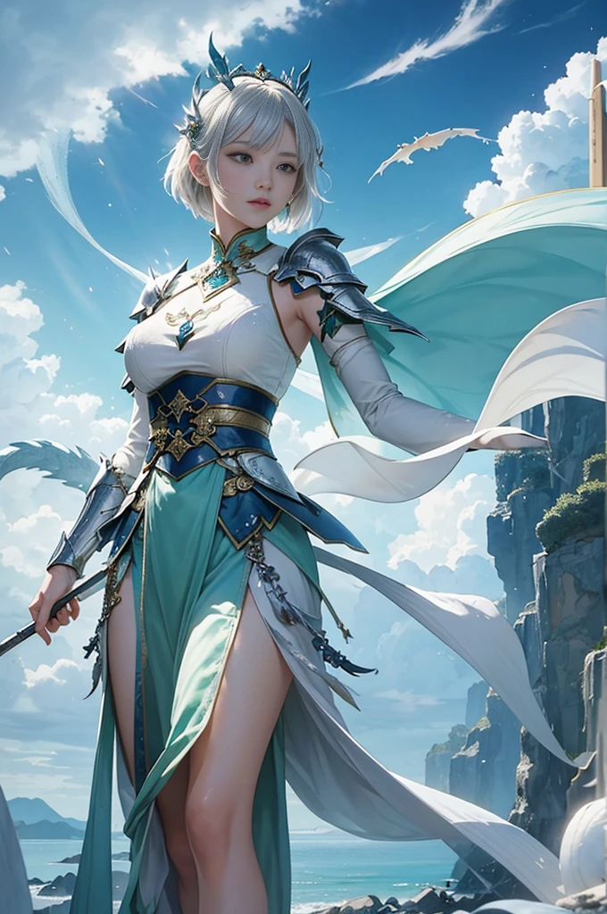 masterpiece, Highest quality, figure, white oriental dragon, Fantastic sky, watercolor, Sorcery Pose, One girl, Noel Genshin Impact, Silver short hair, Green Eyes, Beautiful ancient mythological costumes, armor, Magical Sparkle, The Seven Transformations of Water