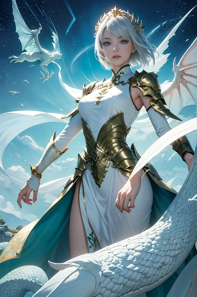 masterpiece, Highest quality, figure, white oriental dragon, Fantastic sky, watercolor, Sorcery Pose, One girl, Noel Genshin Impact, Silver short hair, Green Eyes, Beautiful ancient mythological costumes, armor, Magical Sparkle, The Seven Transformations of Water