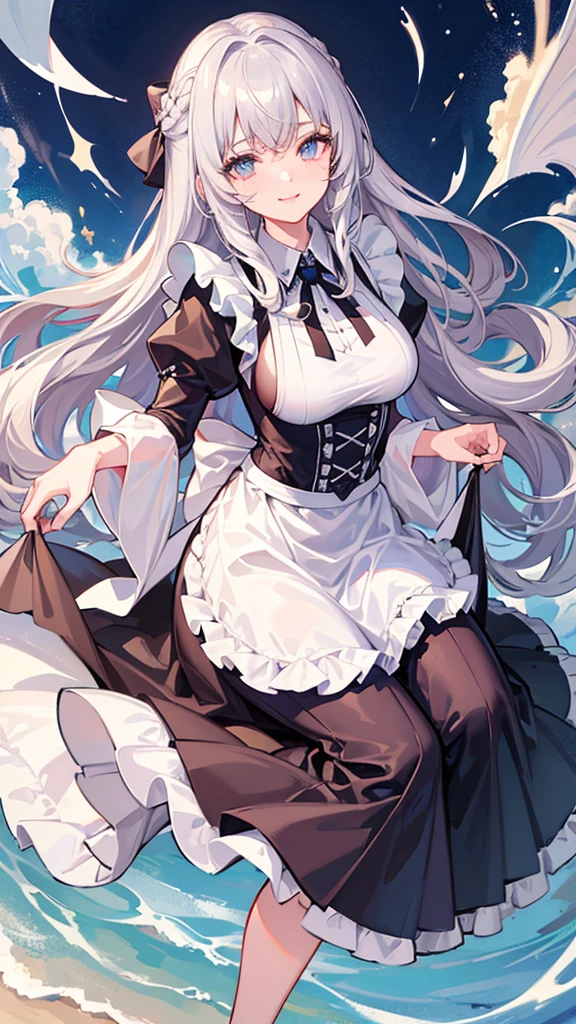 
Highest quality, shape, Very detailed, In detail, High resolution, 8k wallpaper, Perfect dynamic composition, Beautiful details, Center of chest, Natural color lip, Random sexy poses,smile,20-year-old girl,Huge , A woman with long wavy silver hair wearing a black dress and white apron