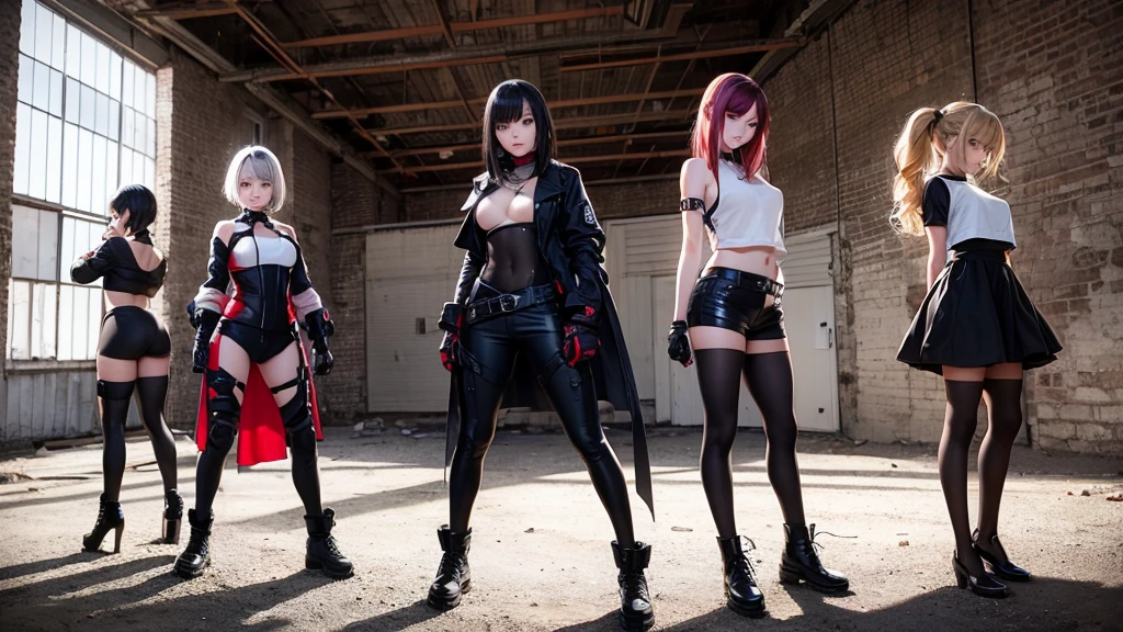 4 girls from a girl group inside an abandoned warehouse posing together with a dominate pose. Dark edgy clothes and hairstyles. Red light peaks throuth the windows