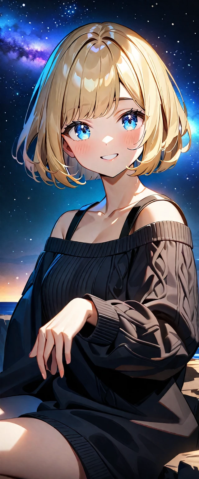 (()), (((focus on face))), ((extreme close up face)), (((a beautiful starry sky, the Milky Way shining beautifully in the night))), ((off-shoulder sweater:1.3, Quite thick shoulder straps)), ((black sweater)), ((Aran sweater)), ((((from side)))), ((sitting on the very high cliff)), wavy hair, inward curled hair, sea, ((blond hair, bob cut:1.3)), breasts, ager, (looking at viewer), oversized clothes, puffy long sleeves, collarbone, head tilt:1.3, (((blue eyes))), happy smile, (((anime style))), (best quality, 4K, 8K, highres, masterpiece:1.2, ultra-detailed, ultra-detailed eyes, HDR, uhd, studio lighting, ultra-fine painting, sharp focus, physically-based rendering, extreme detail description, professional, vivid colors, bokeh)