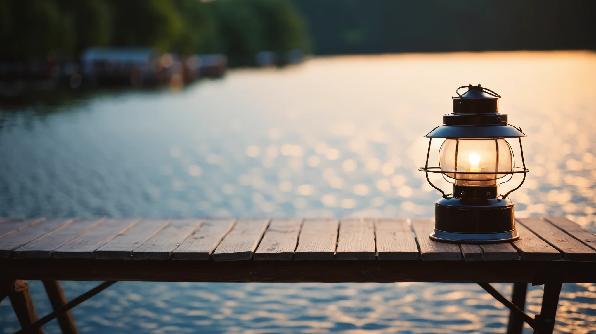 There is a lantern on the table by the lake, Sit on the wooden dock, A boat with lights, Sit on the wooden dock, Peaceful evening atmosphere, Small marina, bokeh on side of the river, Summer environment, Summer lake view, Relaxed atmosphere, warm light, Lantern light, Lighting from the side, Shot with Sony Alpha 1 camera, summer morning light