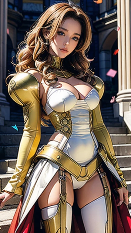 best quality, official art, masterpiece, textile shading, HDR, very detailed, colorful, best details, fantasy, battle suit, Yuki Mori:1.5, 1 female, 25 years old, gold hair, long hair, curly hair, best quality, official art, masterpiece, textile shading, HDR, very detailed, colorful, best details, fantasy, battle suit,1 female, 25 years old, standing on stairs, a castle town with an old castle view, sunny, random hair, big breast, skinny, Surrounded by a large crowd:1.9, Confetti flutters, Blessed, Being welcomed:1.5, cameltoe:1.3, ground level shot:,