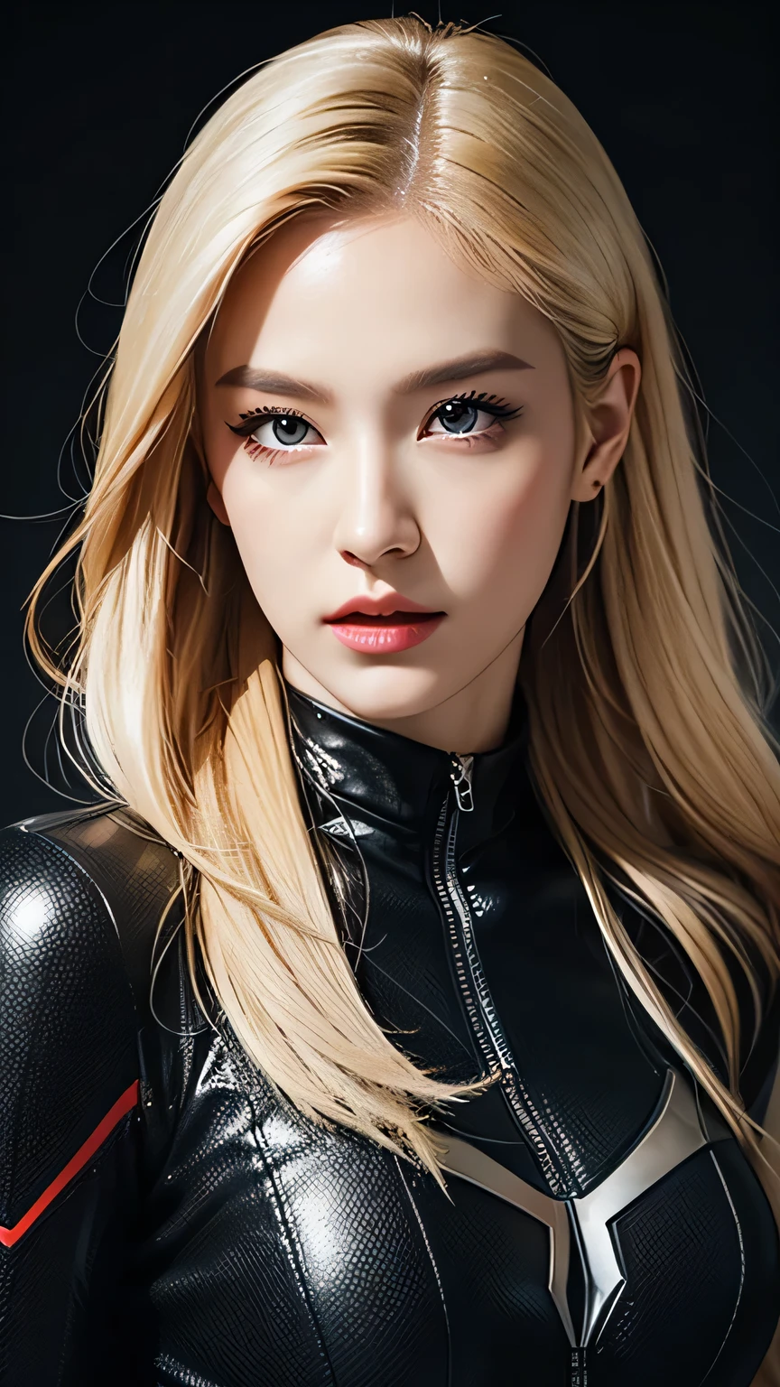 spider-woman, black suit, dangerous, beautiful eyes, blonde hair, half body, masterpiece, ultra high details, Tokyo city 