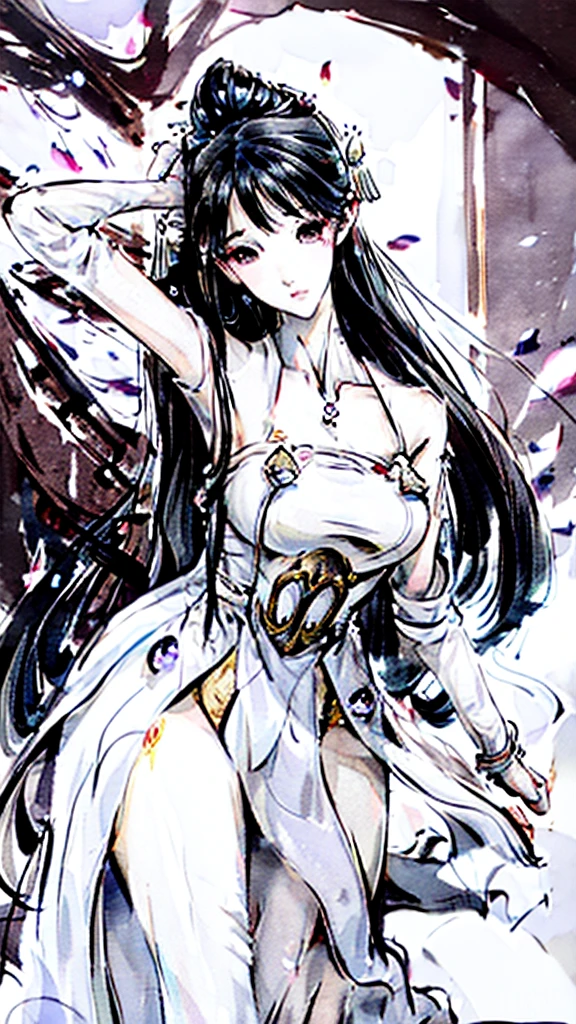 Classical Beauty。Loose palace dress。Beautiful Face。big eyes，Long eyelashes。High nose bridge。Beautiful clavicle。White and tender skin，Pointed chest。Thin waist and hips。Long legs and beautiful feet。Thighs exposed。Exposed shoulders。High resolution，Professional Lighting。High Detail。.