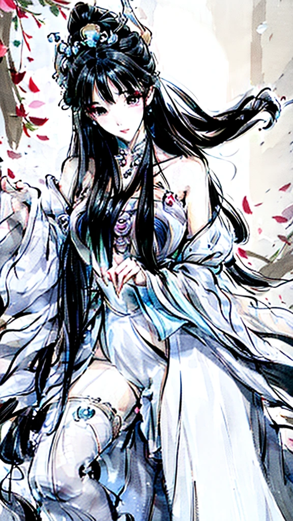 Classical Beauty。Loose palace dress。Beautiful Face。big eyes,Long eyelashes。High nose bridge。Beautiful clavicle。White and tender skin,Pointed chest。Thin waist and hips。Long legs and beautiful feet。Thighs exposed。Exposed shoulders。High resolution,Professional Lighting。High Detail。.