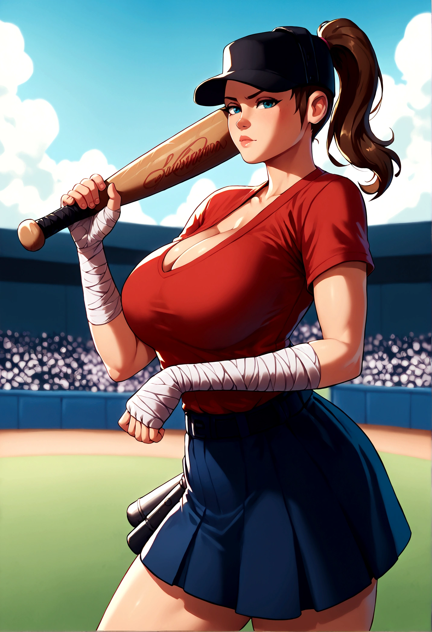 score_9, score_8_up, score_7_up, BREAK, 1girl, solo, breasts, looking at viewer, femscout, ponytail, baseball cap, red shirt, skirt, bandaged arm, baseball stadium, baseball bat, big breasts