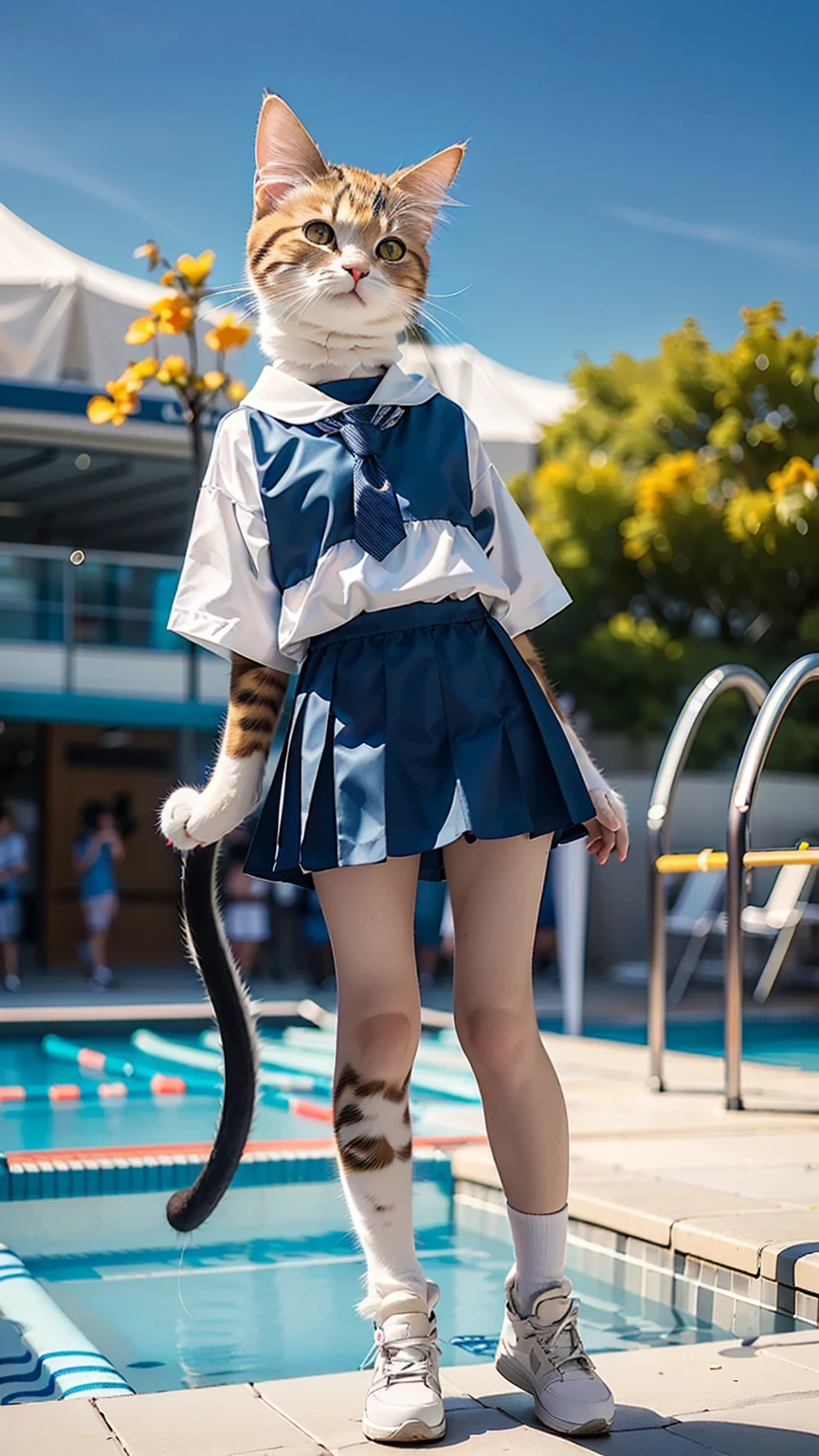(Highest quality, masterpiece:1.2),pressure, Pleated skirt, 1 High school girl, Main cat, Depth of written boundary, High resolution, 超High resolution, 8K, Very detailed, Realistic, Sun light, blue sky, At the school pool, Summer clothes for high school girls,