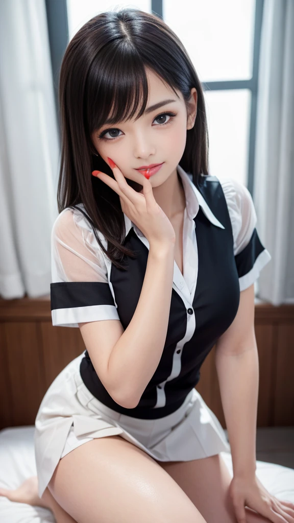 (8K, Highest quality, masterpiece:1.2, RAW Photos), One girl, (Cute school girl, Idol, beautiful girl, Baby Face:1.2), (Skin Dentition:1.5), night, (dark), Clear background indoors, Beautiful Bangs, nice, (Clothing and uniforms:1.3), (Attractive breasts:1.2), ((奇妙なdark部屋:1.3)), (Mouth closed:1.2, Beautiful Eyes, Fine grain, Detailed Iris, Beautiful Lips, Beautiful Nose, Beautiful Face), (primary color:1.5), (Beautifully glowing eyes:1.3), (Detailed eyes and face:1.3, Professional photography techniques), (Detailed hands), (Gaze at the viewer, blush:1.2)