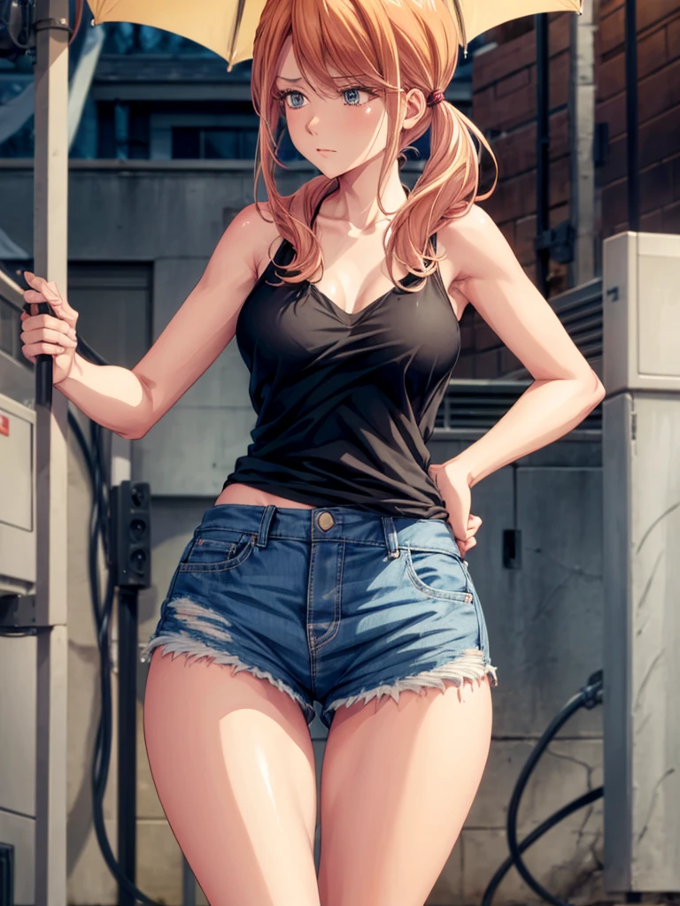 Girl, short tight shorts, Shirt unbuttoned, Bare breasts, chest visible, street  background, openlegs, Narrow passage between houses, night, rain, slim body, slim ass, Sneakers, In full growth 