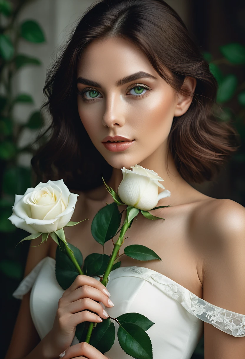 a woman with green eyes, flawless skin, half body shot, holding a white rose, whimsical photography style, captured with an Arriflex 35BL camera using Canon K25 prime lenses, cinematic, dramatic lighting, ultra clear, breathtaking surreal masterpiece.