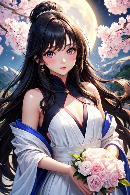 Beautiful young woman, white, Proportionate body, very long black hair, loose in waves, a bouquet of cherry blossoms in her hair, big caramel eyes, small nose red lips, blushing cheeks, beautiful oriental style dress, elegant, in purple tone. De fondo una noche estrellada con un relámpago azul y una luna llena white y brillante