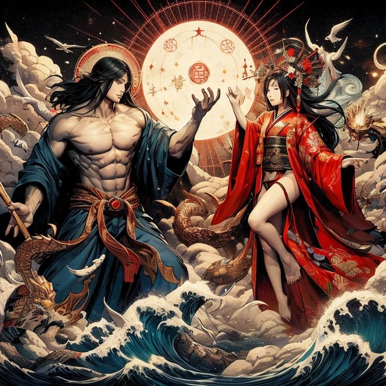 Stories from the Nihon Shoki、Izanagi(Man God)and Izanami(Female God)From the sky、Please generate an image of the ground being created.。Izanami is wearing underwear and a red haori coat.。Izanagiは筋肉隆々is。