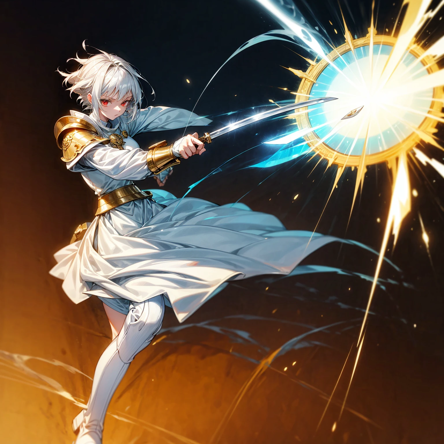 1girl, Full body version, 1character, light red eyes color, white skin, short hairstyle, white colour hair, templar knight style clothing, Long skirt, long socks, long boots, robes, (gold knife in hand), gold Shield in hand, full background, Grassroots background in village, motion blur, shadow, battle gesture, smoke effect, blue lighting effect, lighting blue knife, girl aura, plasma effect, Lightning, lightning flashes on the knife, blue lightning, full gold armor, armor, big hologram, (one piece style art)