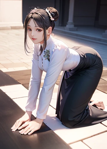 photorealistic, high resolution, masterpiec e best quality ultra-detailed, 1women. (m edium breast), hair bun, jesmine flower o n the head, mature female, solo, hips up, (wearing acmmsayarma outfit, acmmsaya rma white top with buttons, long sleeves), ((acmmsayarma black long skirt) 281/2000