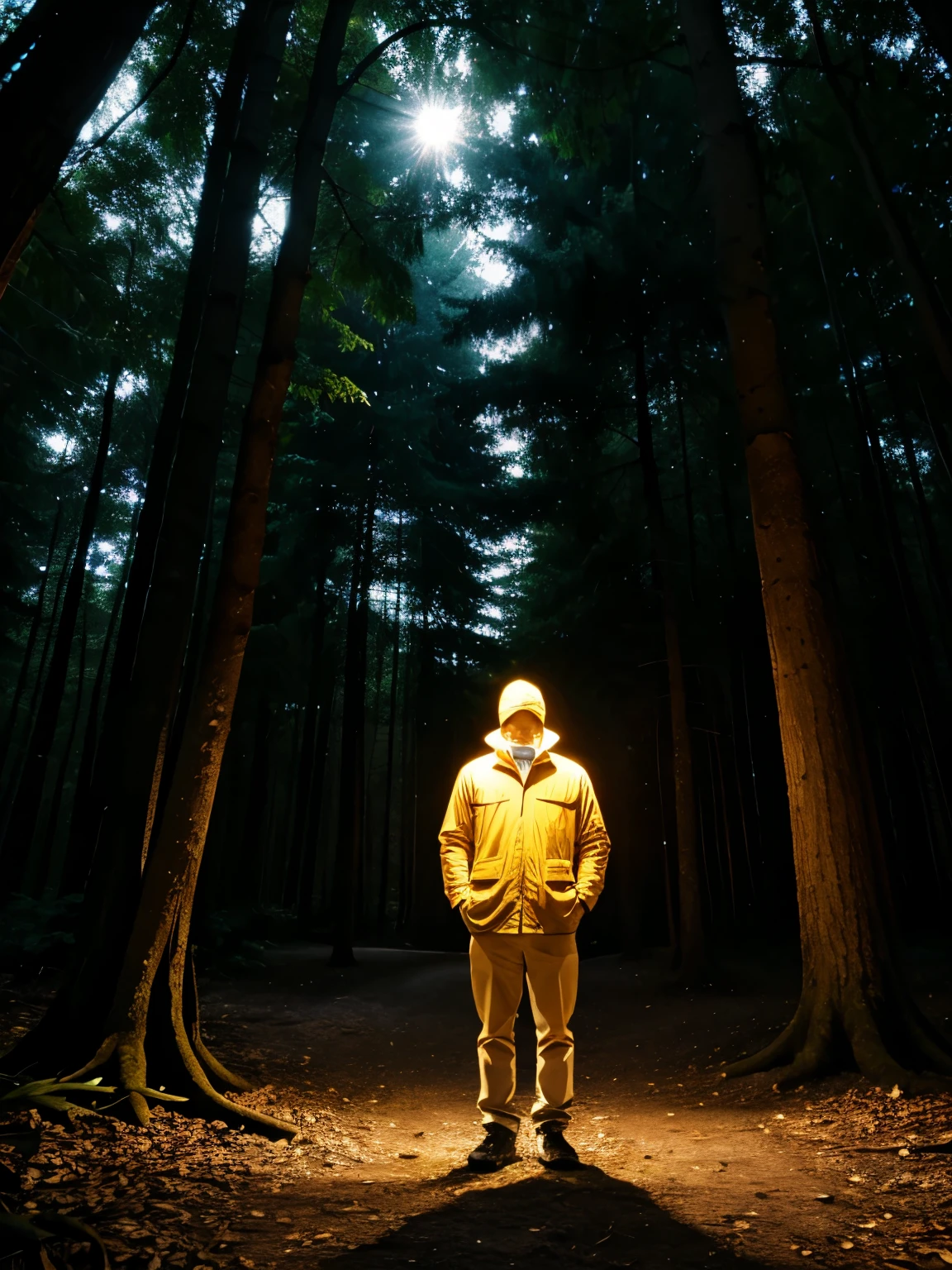 Sunny man in the night forest