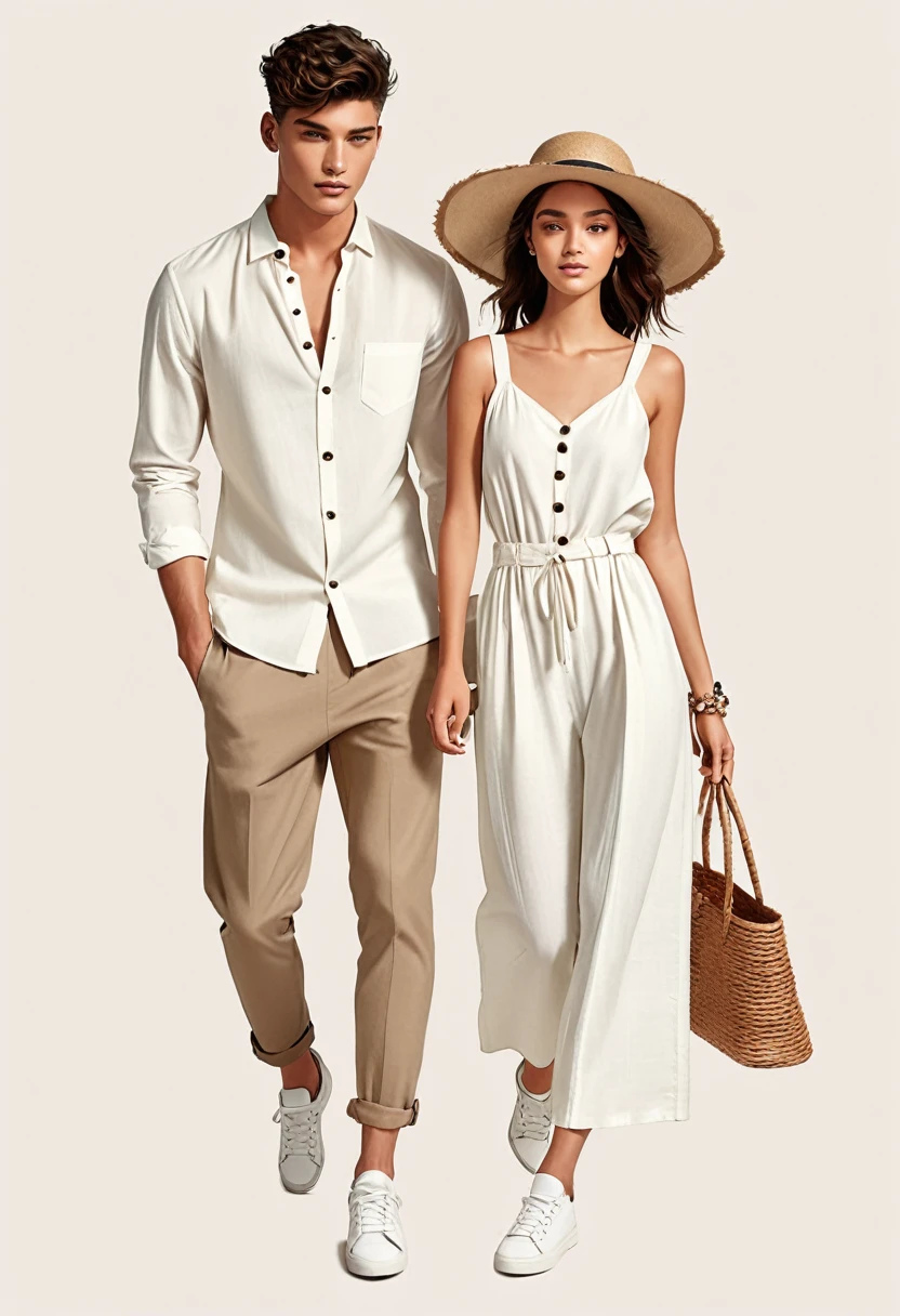 candid fashion illustration of young Mixed race man and woman, both aged 22 year old, ((showcase fashion look book in a off-White outfits)), inspired by Zara Summer collection in elegant young bohemian style. The man wears  Relaxed-fit shirt in a linen and cotton blend with front button fastening. Long sleeves with buttoned cuffs, paired with Joggers in cotton twill with covered elastication and a drawstring at the waist. Side pockets, and a back pocket and leg pockets with a flap and press-studs. Covered elastication and a hook and loop tab at the hems. He completes his look with white sneakers, round sunglasses and bracelet. The woman complements him in a white Ankle-length dress, Calf-length, sleeveless dress in woven fabric featuring a round, frill-trimmed neckline and a keyhole opening with minimal detail, Her ensemble includes an accessorizes with a wide-brimmed straw hat, white sneakers, Captured in a dynamic angle, ((close-up)), ((pastel color background)), sketching, realistic pencil lines, imperfect drawing, fading sketch, fashion look book, fashion illustrator,--sameseed.