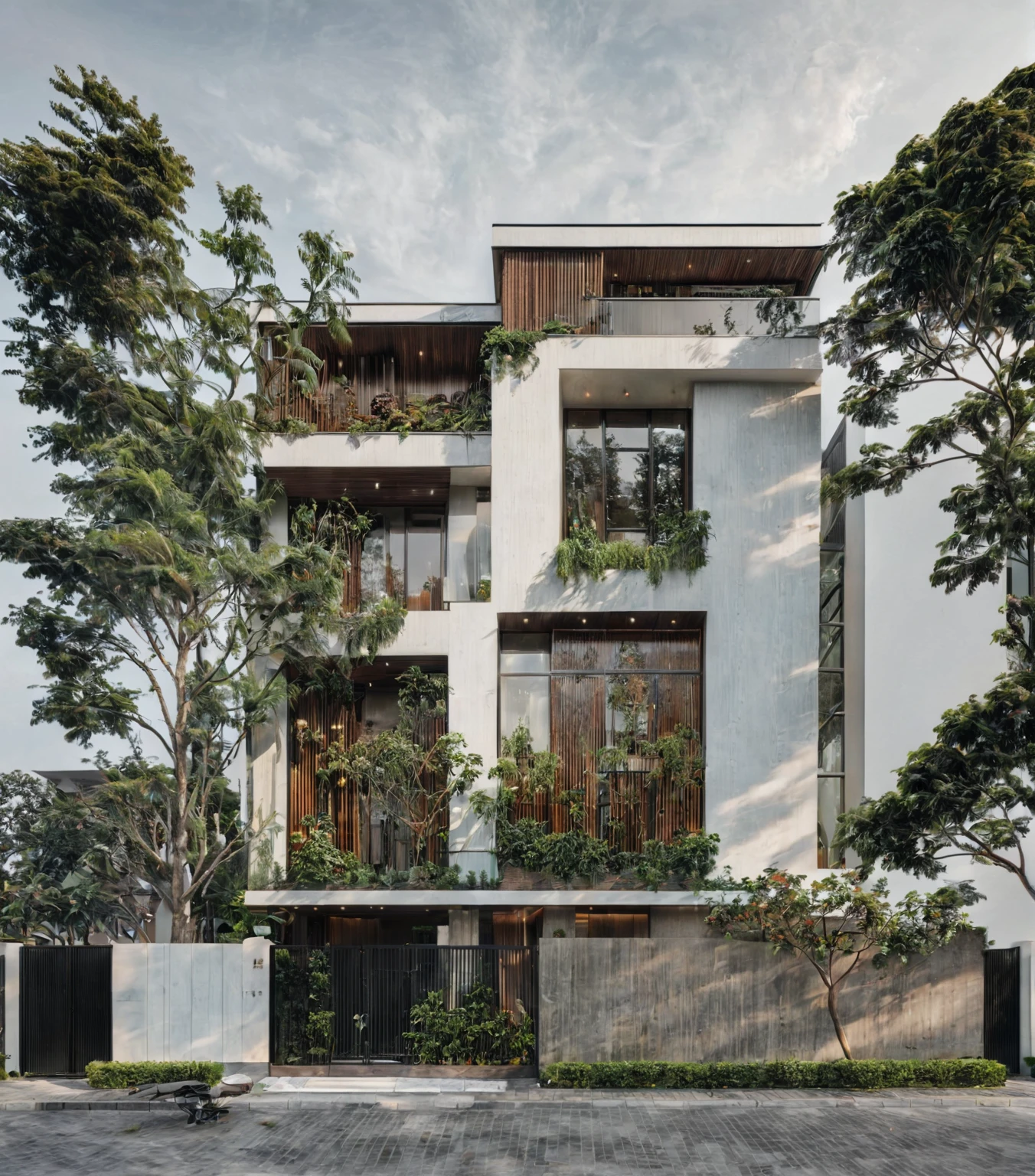 RAW photo, a photo of a modern villa, sidewalk, sidewalk trees, steel gate, road, viet nam modern residence, a car parked in front of it, rough white wall, new residential area, wide angle exterior 2022, contemporary house, exterior photography, masterpiece, contemporary architecture, overcast, indirect lighting