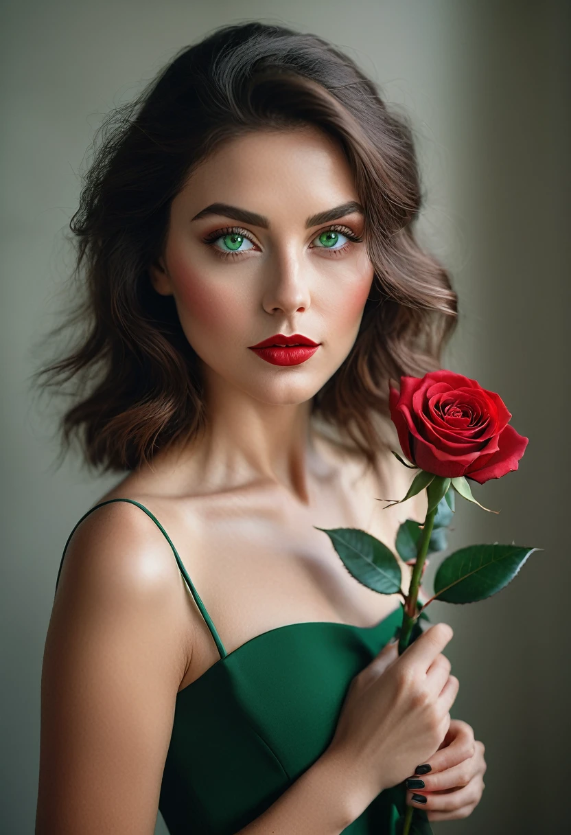 a woman with green eyes, flawless skin, half body shot, holding a red rose, whimsical photography style, captured with an Arriflex 35BL camera using Canon K25 prime lenses, cinematic, dramatic lighting, ultra clear, breathtaking surreal masterpiece.
