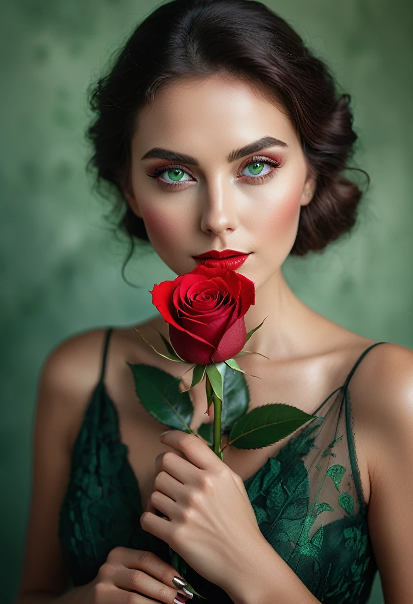 a woman with green eyes, flawless skin, half body shot, holding a red rose, whimsical photography style, captured with an Arriflex 35BL camera using Canon K25 prime lenses, cinematic, dramatic lighting, ultra clear, breathtaking surreal masterpiece.