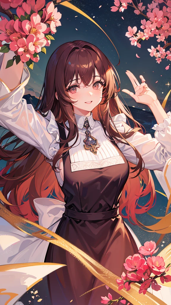 
Highest quality, shape, Very detailed, In detail, High resolution, 8k wallpaper, Perfect dynamic composition, Beautiful details, Center of chest, Natural color lip, Random sexy poses,smile,20-year-old girl,Huge , A woman with long curly brown hair wearing a pink dress and a white lace apron